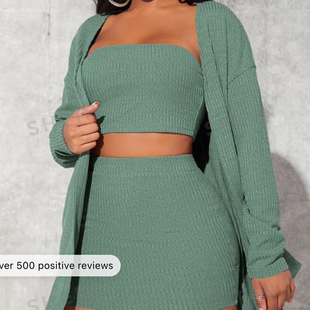 Drop Shoulder Open Front Coat & Tube Top & Skirt